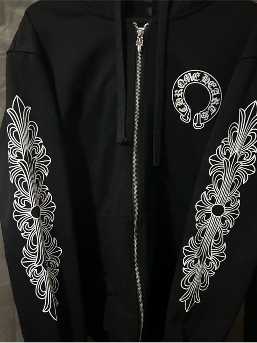 Chrome Hearts Black Zip Hoodie with White Sleeve Fleur Graphics